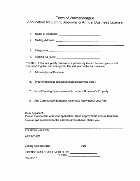 First page of the Application for Zoning Approval and Annual Business License