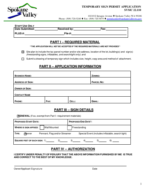 First page of the Temporary Sign Permit Application