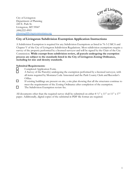 First page of the Subdivision Exemption Application