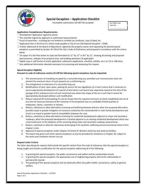 First page of the Special Exception Application Checklist