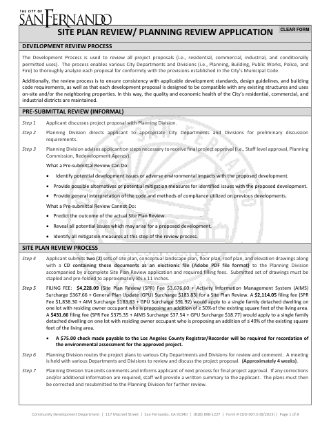 First page of the Site Plan Review / Planning Review Application