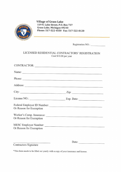 First page of the Contractors Registration Form