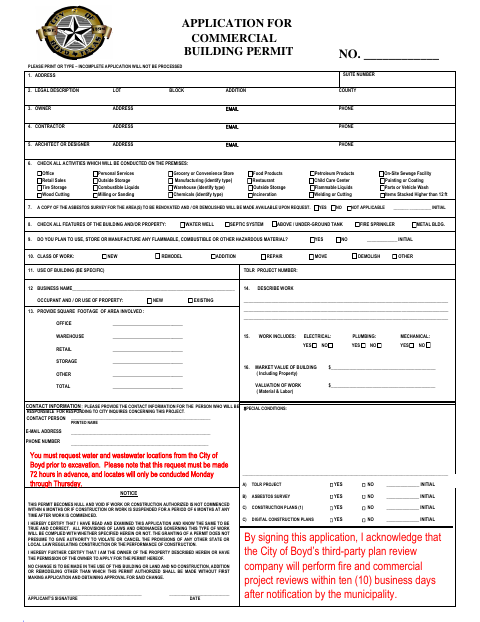 First page of the Commercial Building Permit Application