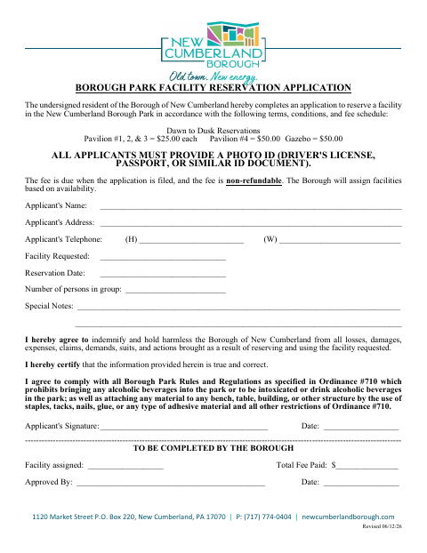 First page of the Borough Park Facility Reservation Application