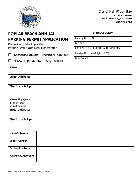 First page of the Poplar Beach Annual Parking Permit Application