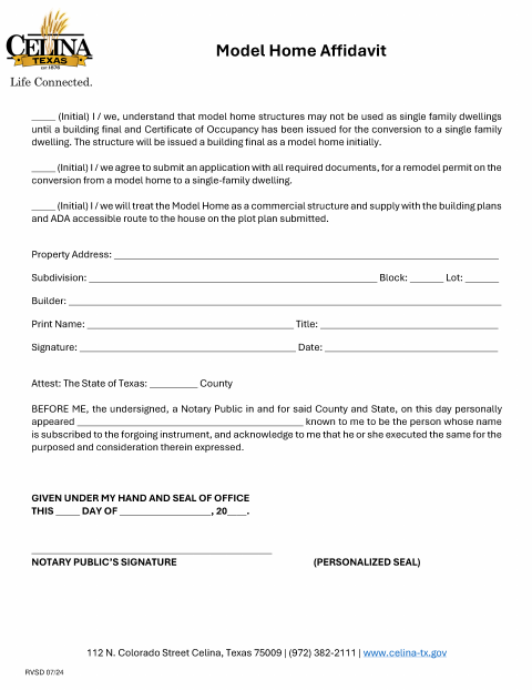 First page of the Model Home Affidavit