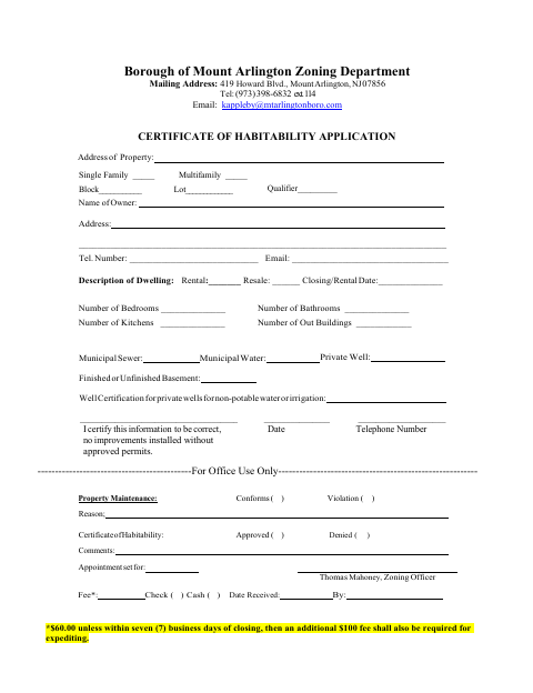 First page of the Certificate of Habitability Application