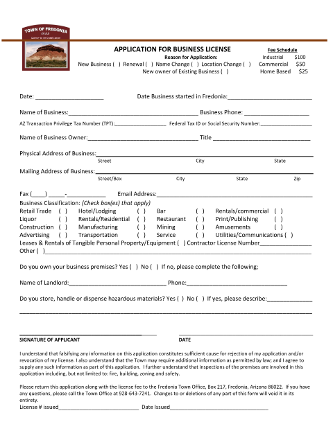 First page of the Business License Application