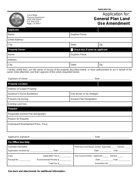 First page of the General Plan Land Use Amendment Application
