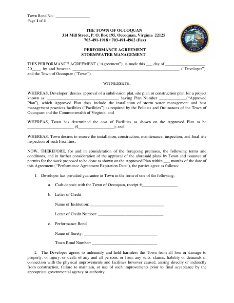 First page of the Stormwater Management Performance Agreement