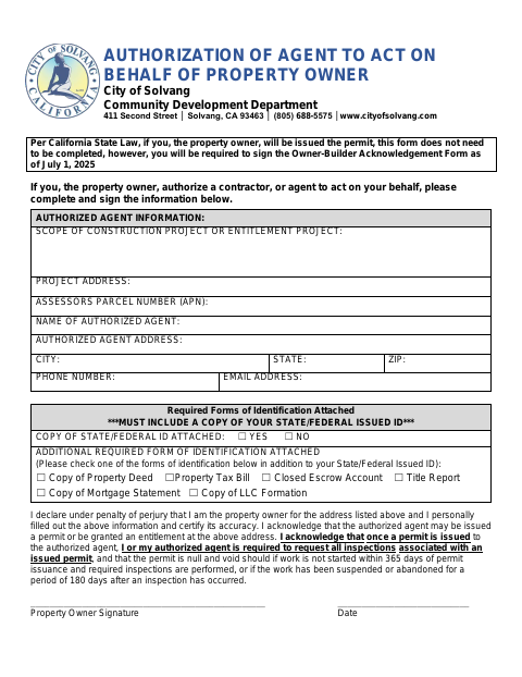First page of the Authorization of Agent to Act on Behalf of Property Owner
