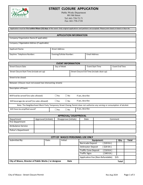 First page of the Street Closure Application