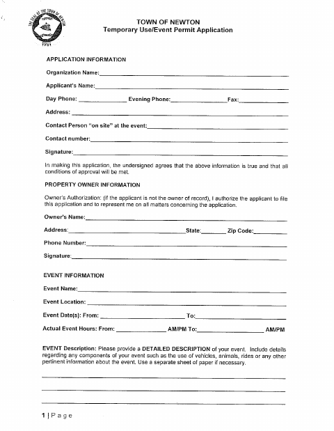First page of the Temporary Zoning Use/Event Permit Application