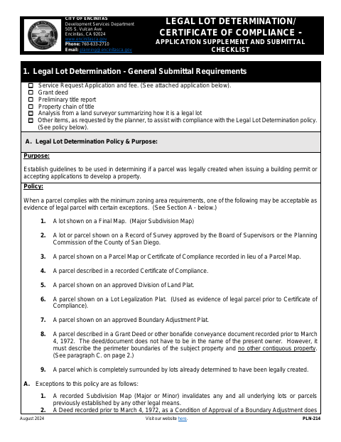 First page of the Legal Lot Determination / Certificate of Compliance Application Supplement and Submittal Checklist