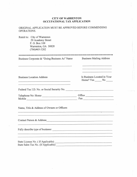 First page of the Occupational Tax Application
