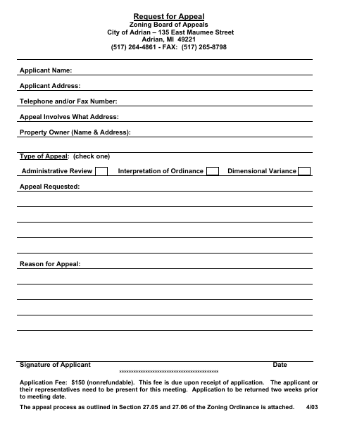 First page of the Zoning Board of Appeals Request for Appeal