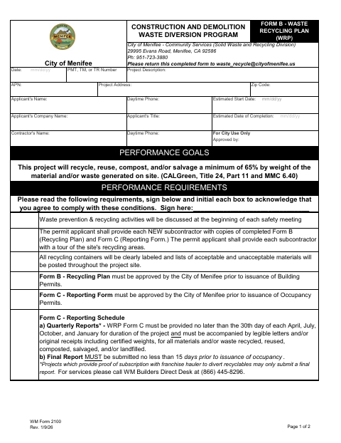 First page of the Form B – Waste Recycling Plan