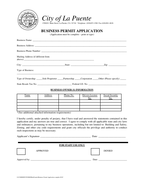 First page of the Business Permit Application