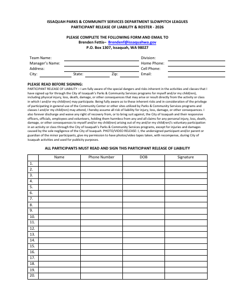 First page of the Slowpitch Leagues Participant Release of Liability & Roster 2026