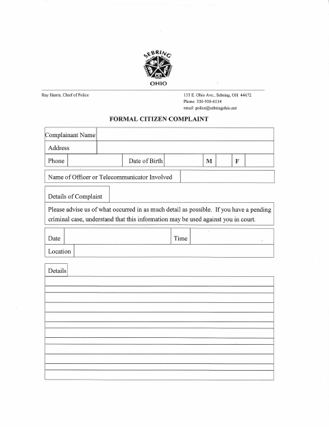 First page of the Formal Citizen Complaint Form