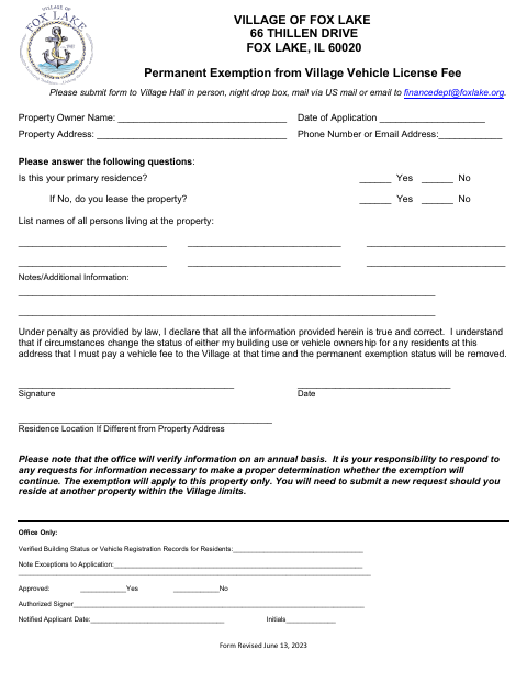 First page of the Permanent Exemption From Village Vehicle License Fee