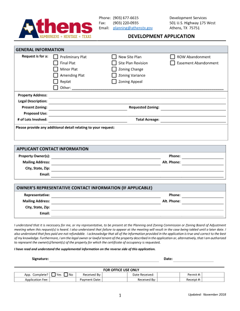 First page of the Development Application (Plats, Zoning, Variances)