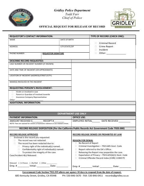 First page of the Official Request for Release of Record