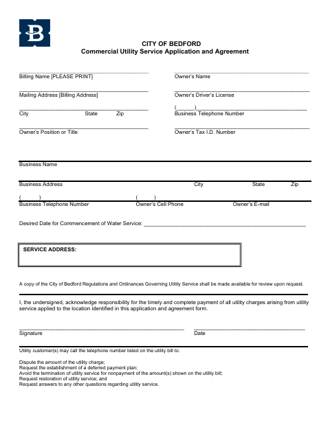 First page of the Commercial Utility Service Application and Agreement