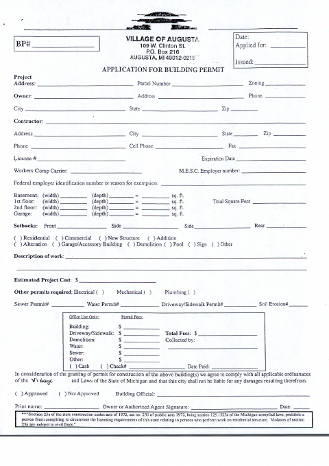 First page of the Building Permit Application