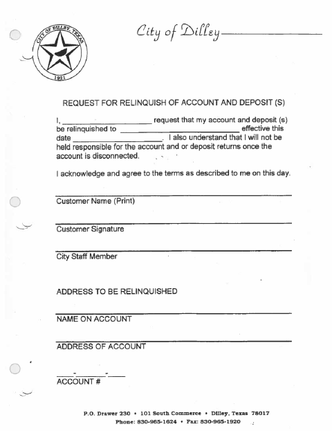 First page of the Request for Relinquish of Account and Deposit(s)