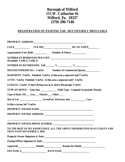 First page of the Registration of Existing Use—Multifamily Dwellings