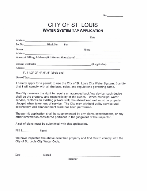 First page of the Water System Tap Application