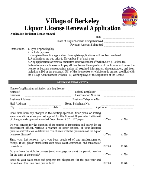 First page of the Liquor License Renewal Application