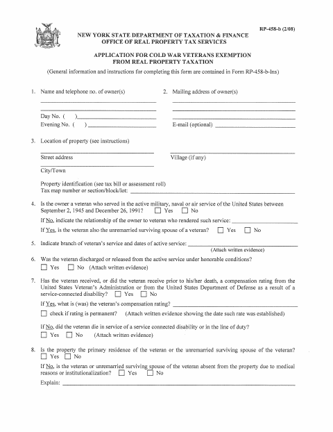 First page of the Application for Cold War Veterans Exemption