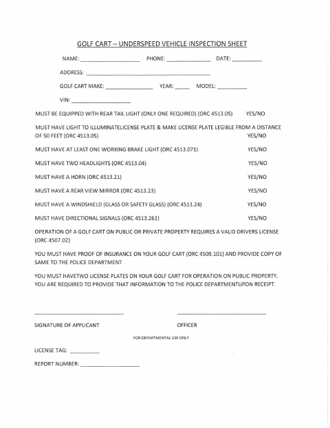 First page of the Golf Cart Inspection Sheet