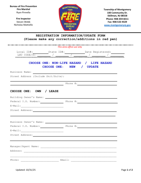 First page of the Registration Information/Update Form