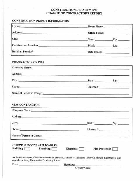 First page of the Change of Contractors Report