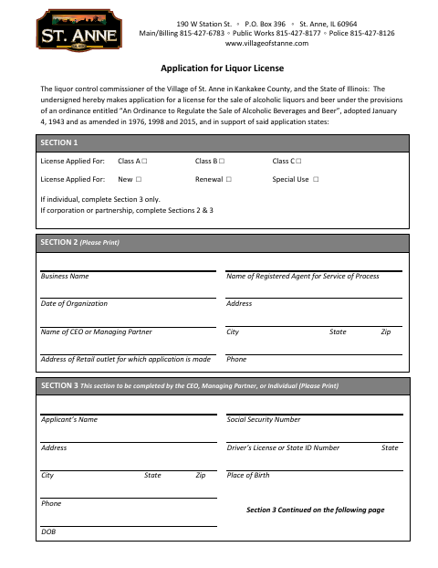 First page of the Application for Liquor License