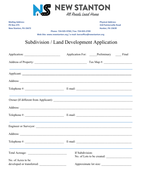 First page of the Subdivision / Land Development Application