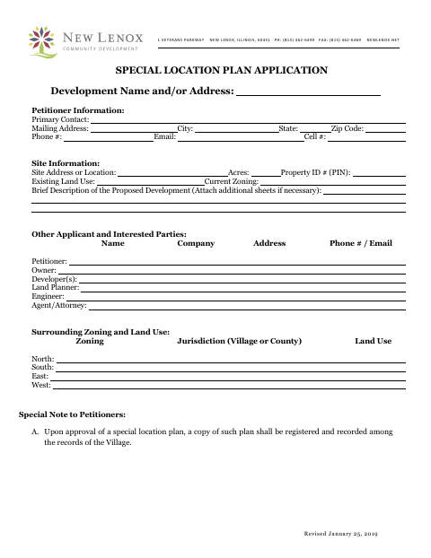 First page of the Special Location Plan Application