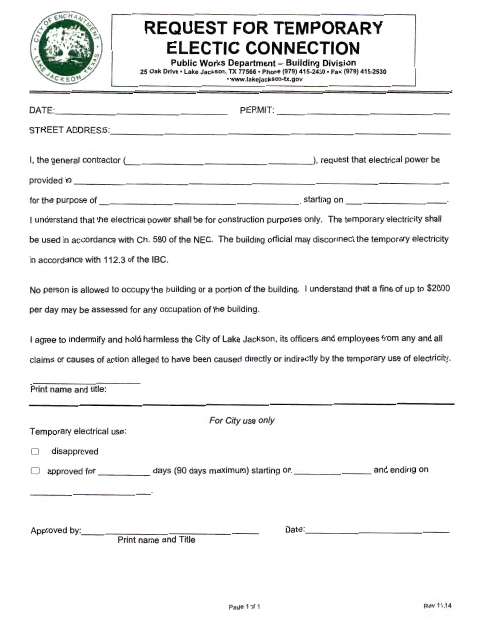 First page of the Request for Temporary Electric Connection