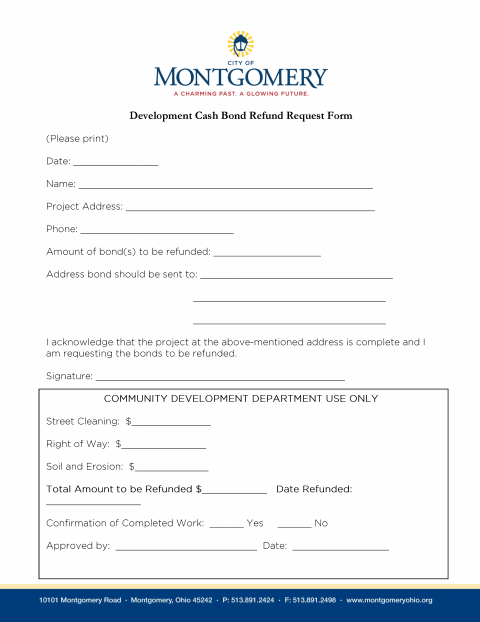 First page of the Development Cash Bond Refund Request Form