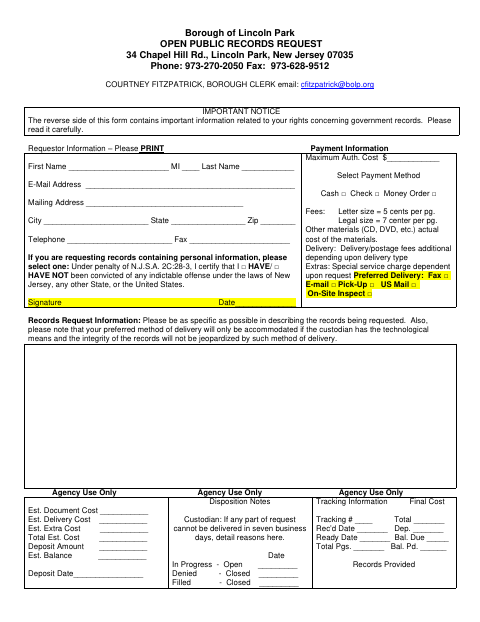 First page of the Open Public Records Request