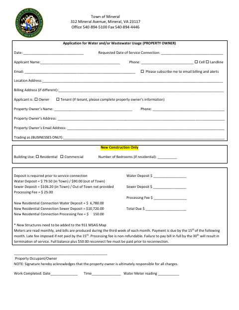 First page of the Application for Water and/or Wastewater Usage (Property Owner)