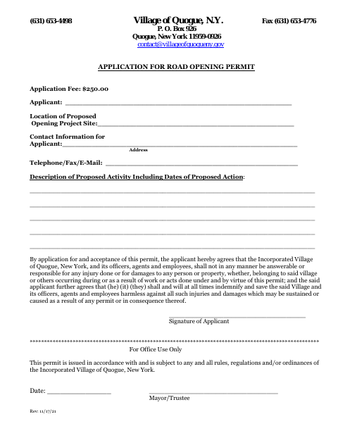 First page of the Application for Road Opening Permit