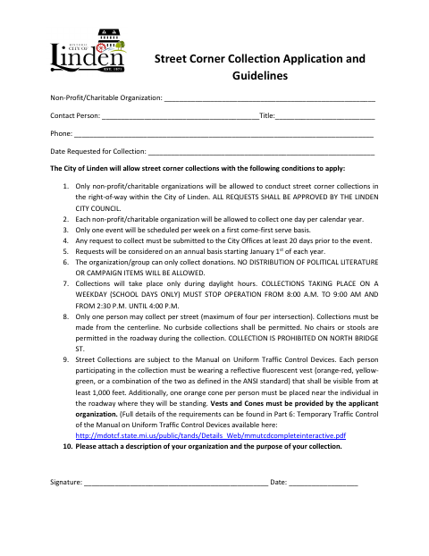 First page of the Street Corner Collection Application and Guidelines