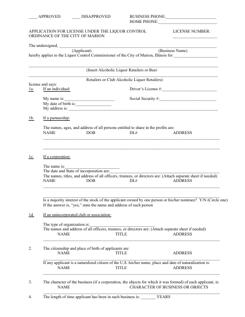 First page of the Liquor License Application