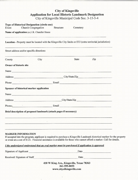 First page of the Local Historic Landmark Designation Application