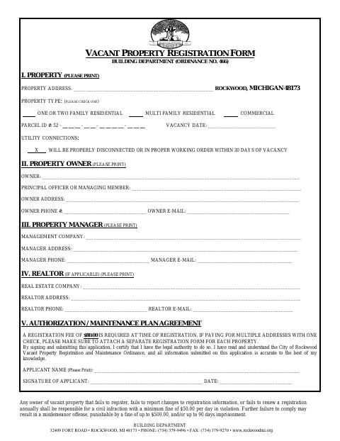 First page of the Vacant Property Registration Form