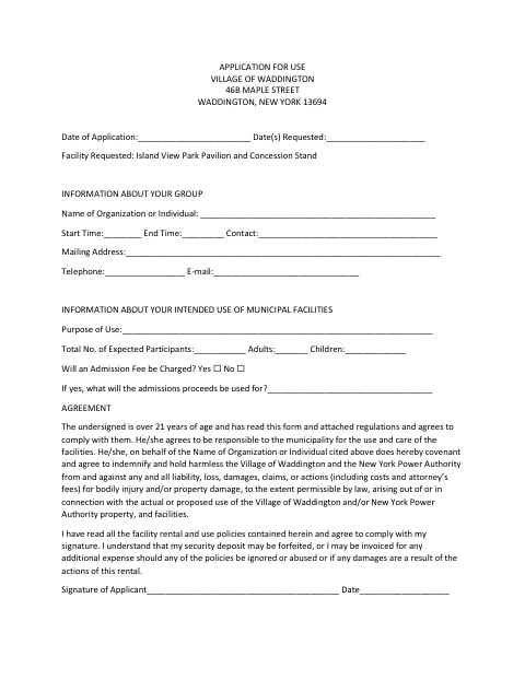First page of the Island View Park Pavilion and Concession Stand Application for Use